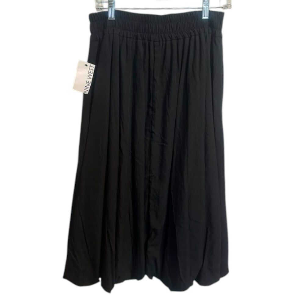 Nine West Black Midi Skirt • Flowy A-Line Elastic Waist • Classic Chic